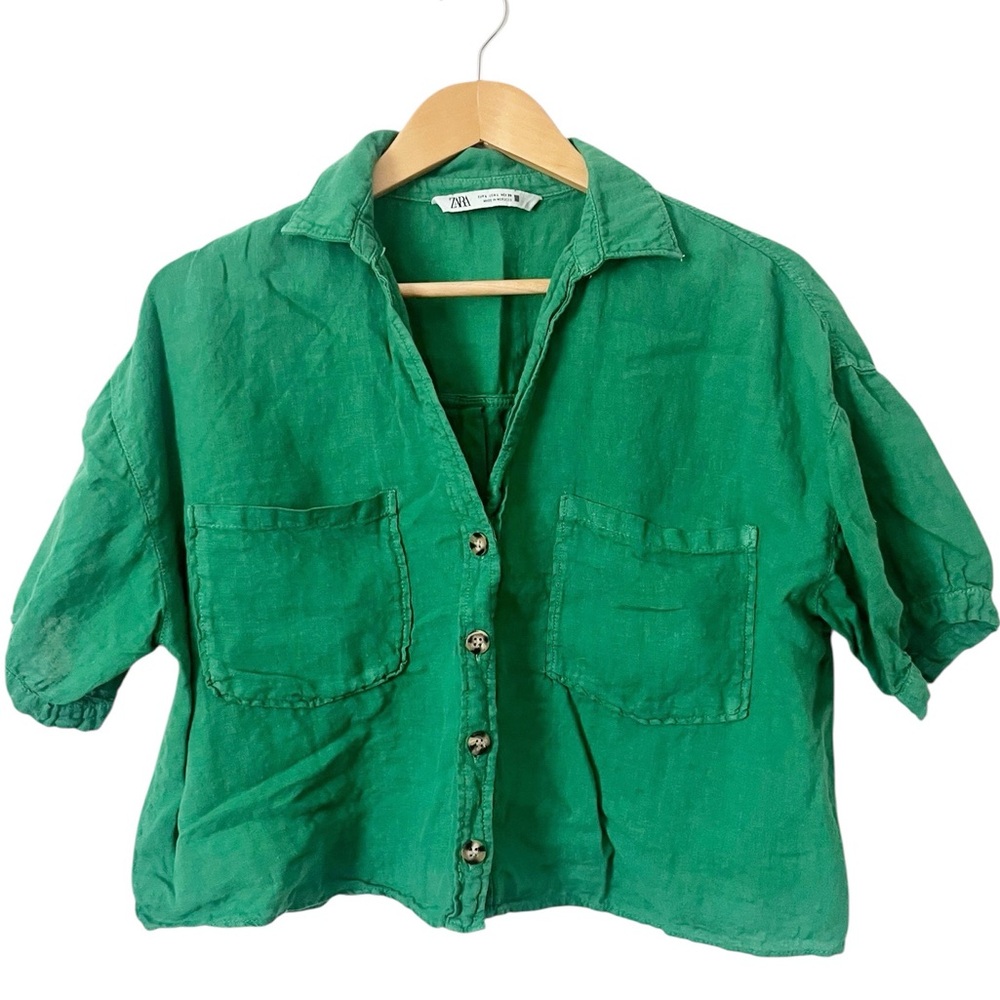 Zara Green‎ Linen Cropped Button-Down Short Sleeve Shirt Size Large
